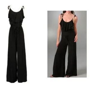 AKA New York Designer 100% Silk Solid Black Tank Wide Leg Jumpsuit Romper Xs